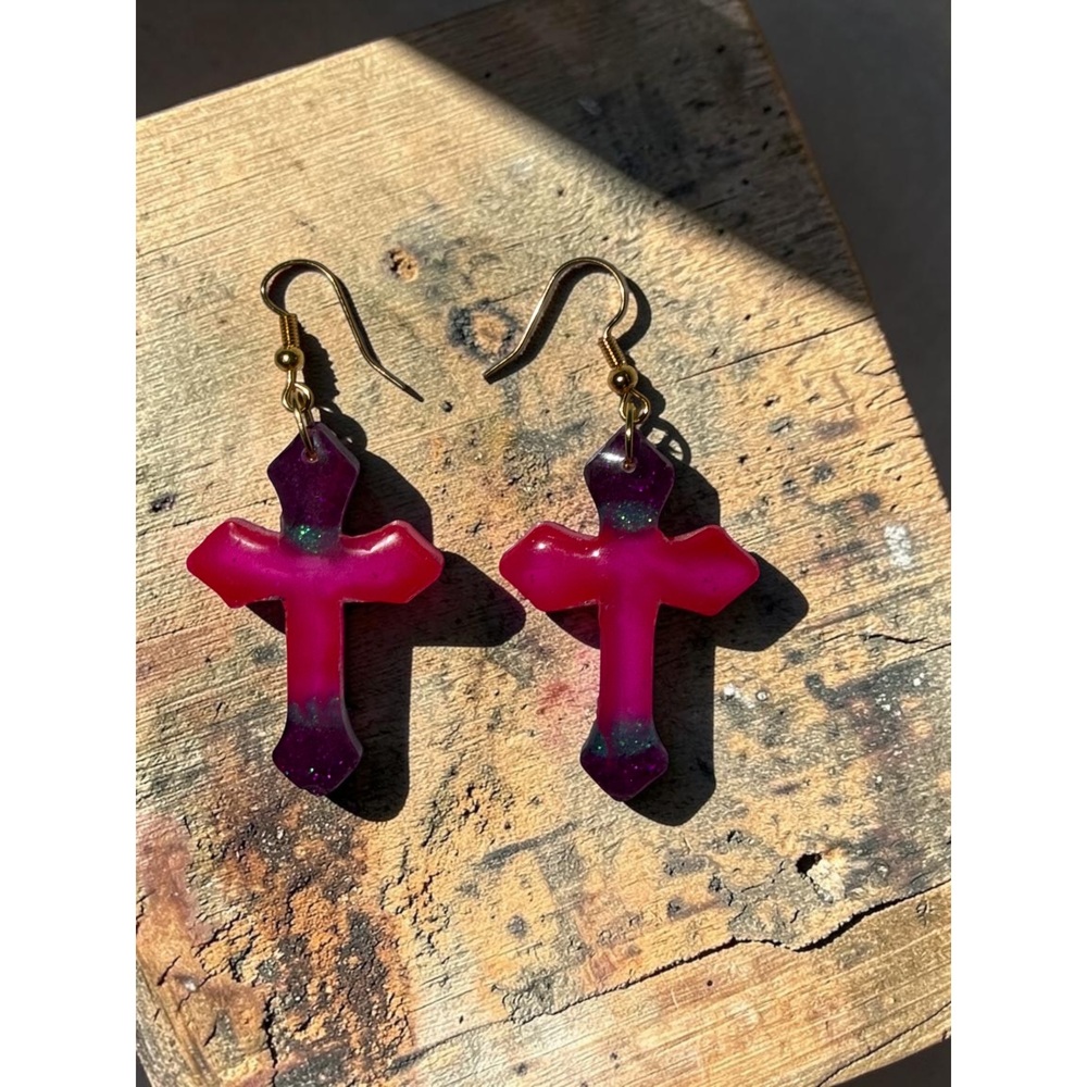 Handmade Purple and Pink Cross Resin Earrings